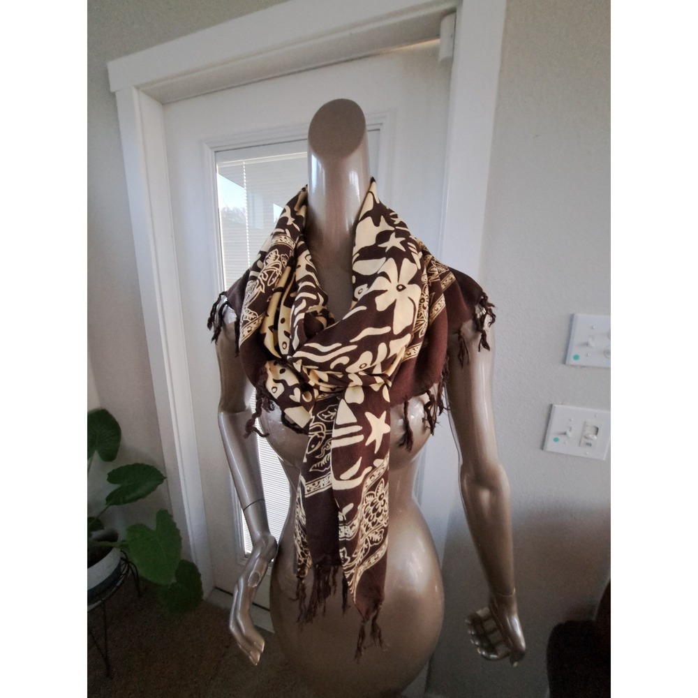 Brown Cream Floral Animal Print Sarong Wrap Scarf with Fringe Trim
